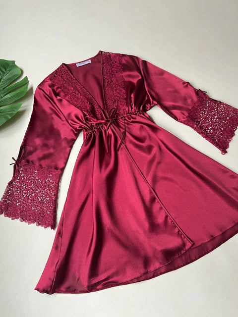 Lace Detailed 6-Piece Satin Nightgown Dressing Gown Nighty Set